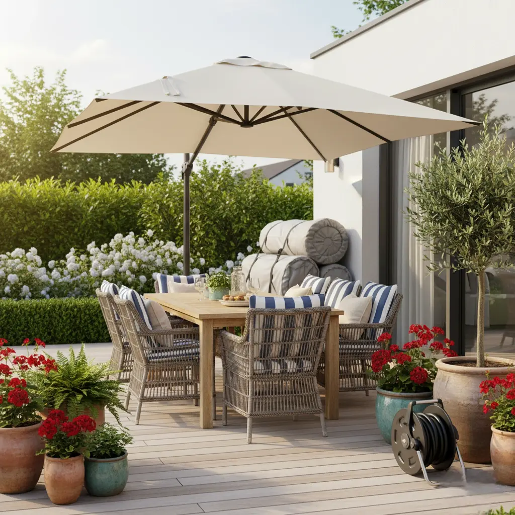 Outdoor dining umbrella plants.webp