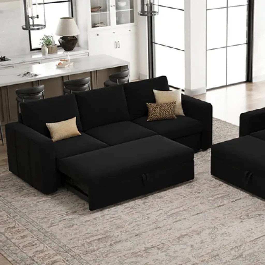 Elva 2 Seats Modular Velvet Pull-out Sleeper Sofa - Velvet Ebony black 06.webp